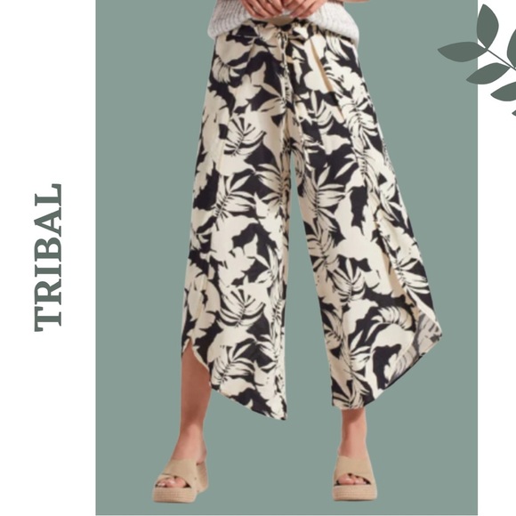 TRIBAL PRINTED PULL-ON BELTED PANTS Tropical Black Cream Soze XS - Picture 1 of 7